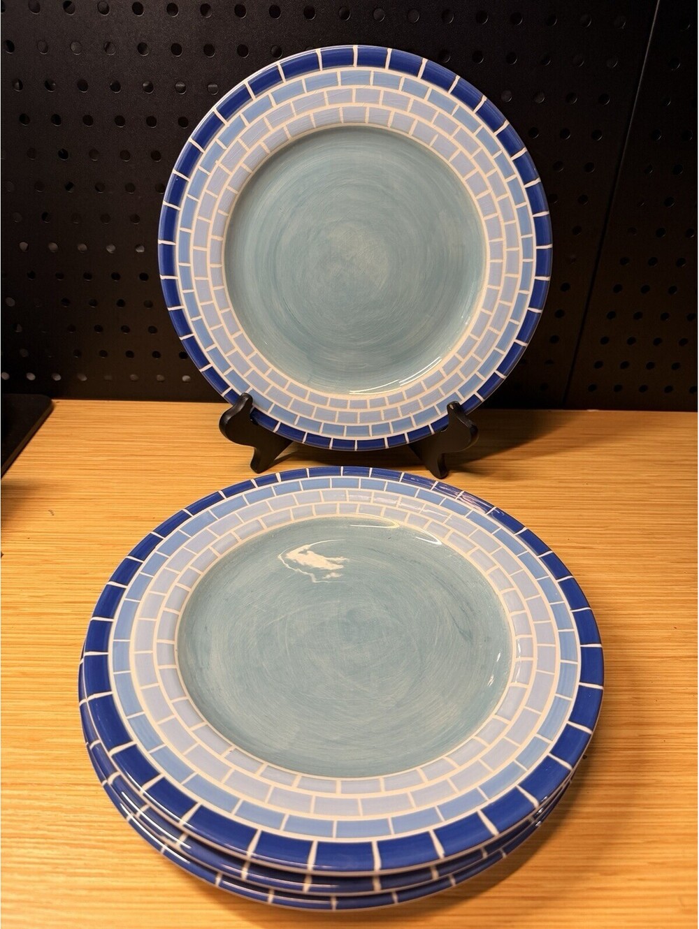 4 Brushes Blue Brick Pattern Dinner Plates By K.I.C. Handpainted Stonemite